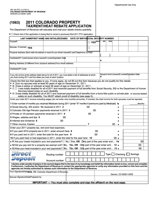 Form Dr 104 Ptc - Property Tax/rent/heat Rebate Application/dr 4679 Ptc - Affidavit - 2011 Printable pdf