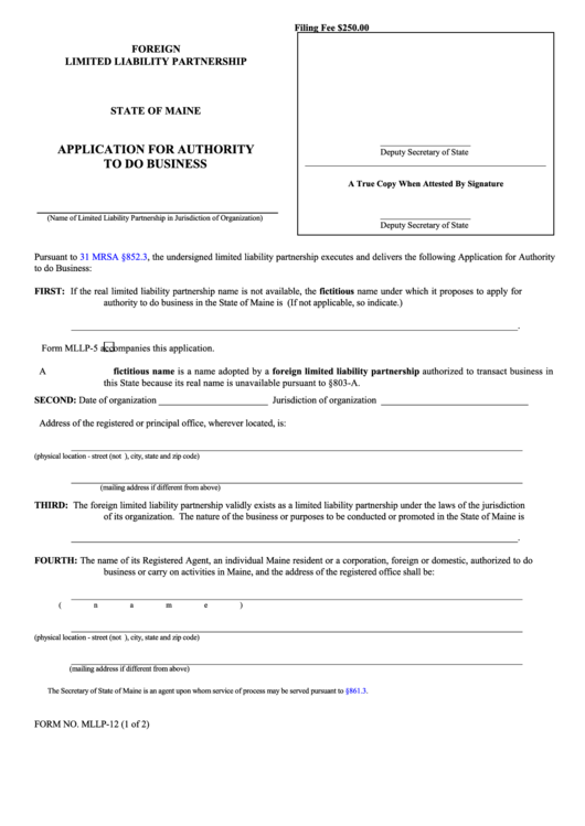 Fillable Form Mllp-12 - Application For Authority To Do Business For A Foreign Limited Liability Partnership - Maine Secretary Of State Printable pdf
