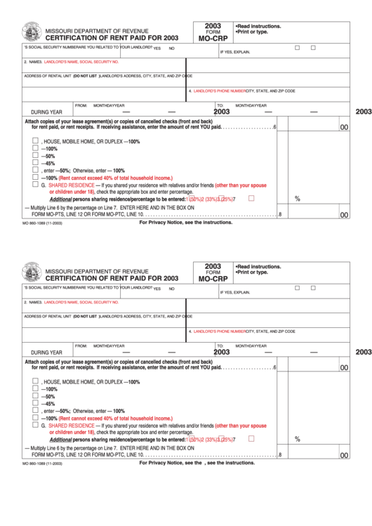 Form Mo-Crp - Certification Of Rent Paid For 2003 Printable pdf