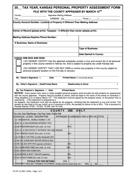 Form Pv-Pp-1a - Kansas Personal Property Assessment Form With Instructions - 2004 Printable pdf