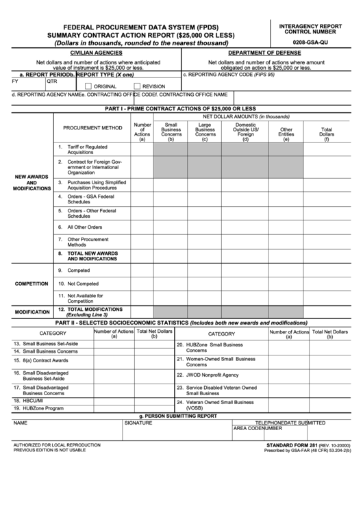 Fillable Form 281 - Federal Procurement Data System (Fpds) Summary Contract Action Report Printable pdf
