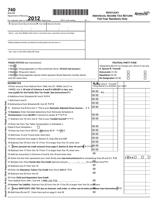 Form 740 - Kentucky Individual Income Tax Return Full-Year Residents Only - 2012 Printable pdf