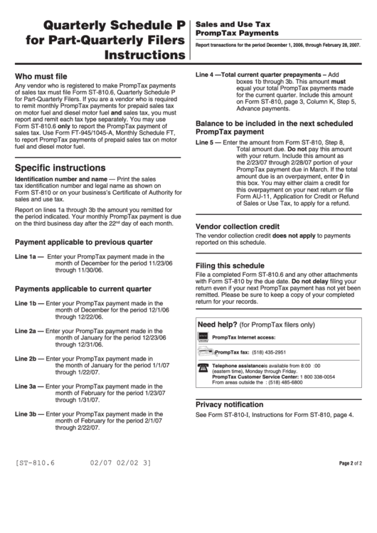 Instructions For Form St-810.6 - Quarterly Schedule P For Part-Quarterly Filers - New York Department Of Taxation And Finance Printable pdf