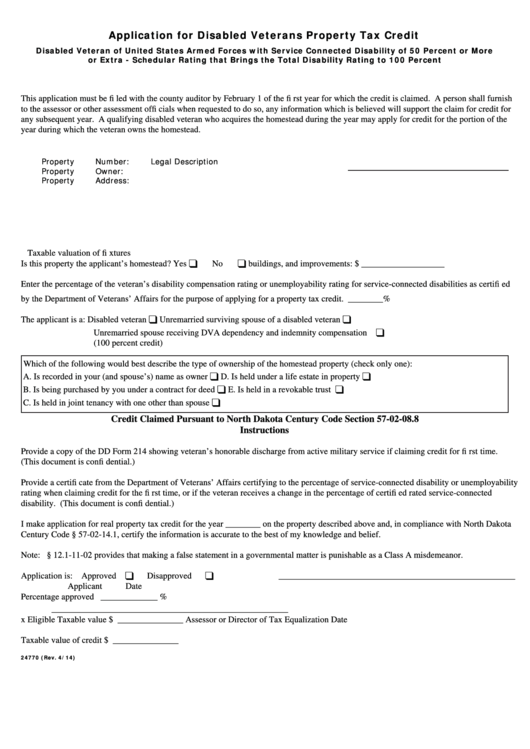 Fillable Form 24770 - Application For Disabled Veterans Property Tax Credit Printable pdf