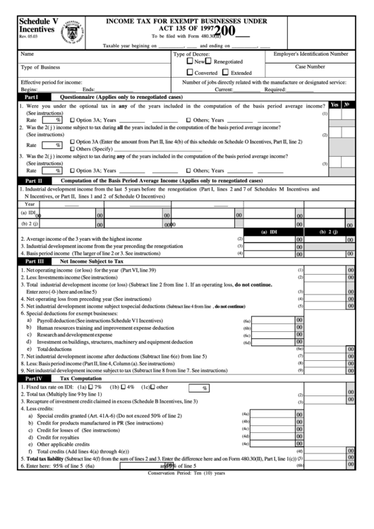 Schedule V Incentives - Income Tax For Exempt Businesses Under Act 135 Of 1997 - To Be Filed With Form 480.30(Ii) - Puerto Rico Department Of Treasury Printable pdf