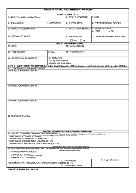 Fillable Usawoa Form 638 - Usawoa Award Recommendation Form - U. S. Army Warrant Officers Association Printable pdf