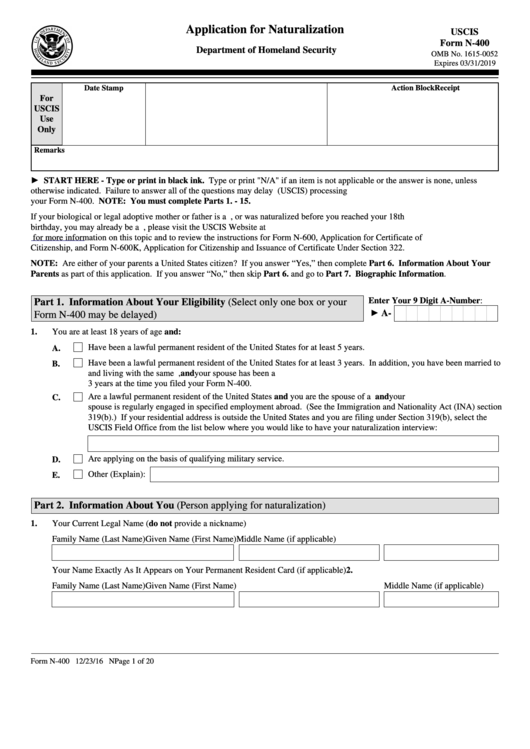 Fillable Form N-400 - Application For Naturalization - U.s. Citizenship And Immigration Services Printable pdf