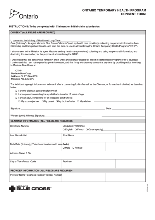 Form Othp-003 - Ontario Temporary Health Program Consent Form Printable pdf