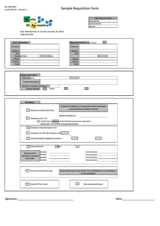 Form Ml-frm-0045 - Sample Requisition Form