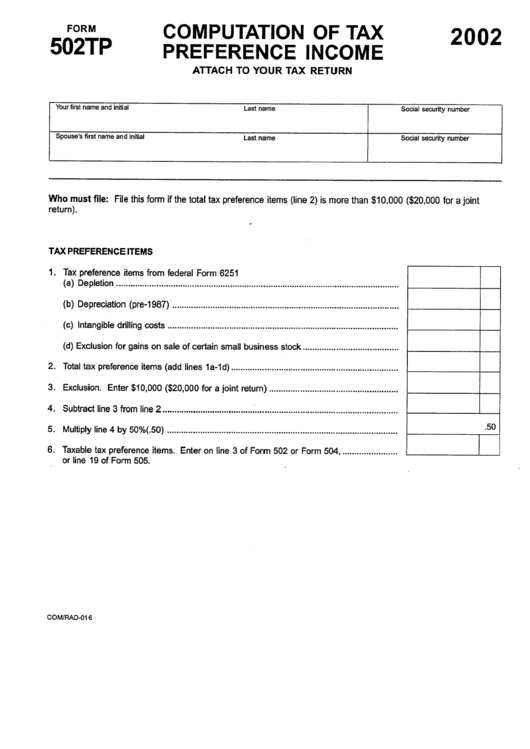 Form 502tp - Computation Of Tax Preference Income - 2002 Printable pdf