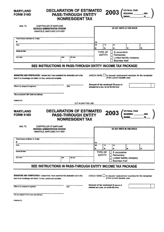 Maryland Form 510d - Declaration Of Estimated Pass-Through Entity Nonresident Tax - 2003 Printable pdf