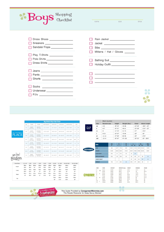 Boys Shopping Checklist Template Printable pdf