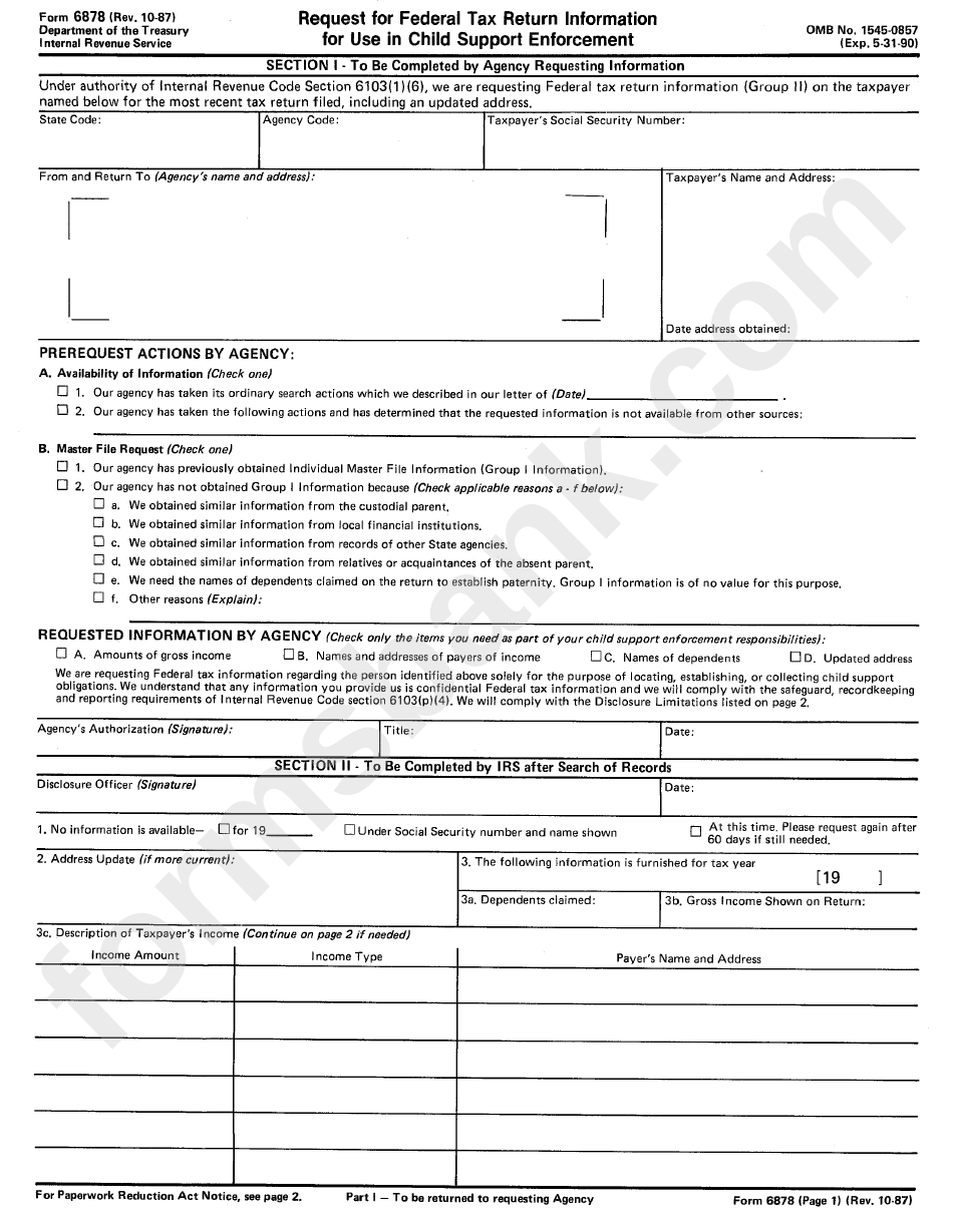 Form 6878 - Request For Federal Tax Return Information For Use In Child Support Enforcement