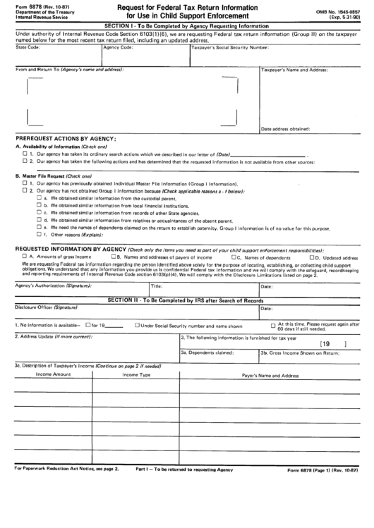 Form 6878 - Request For Federal Tax Return Information For Use In Child Support Enforcement Printable pdf