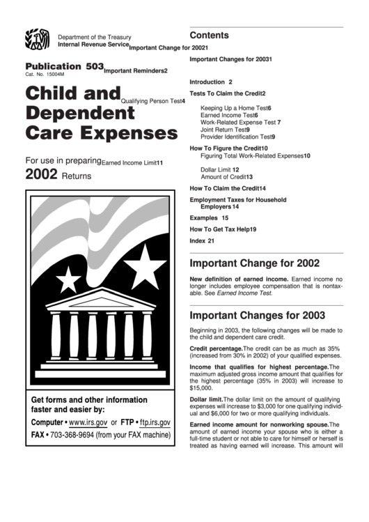 Publication 503 - Child And Dependent Care Expenses - 2002 Printable pdf