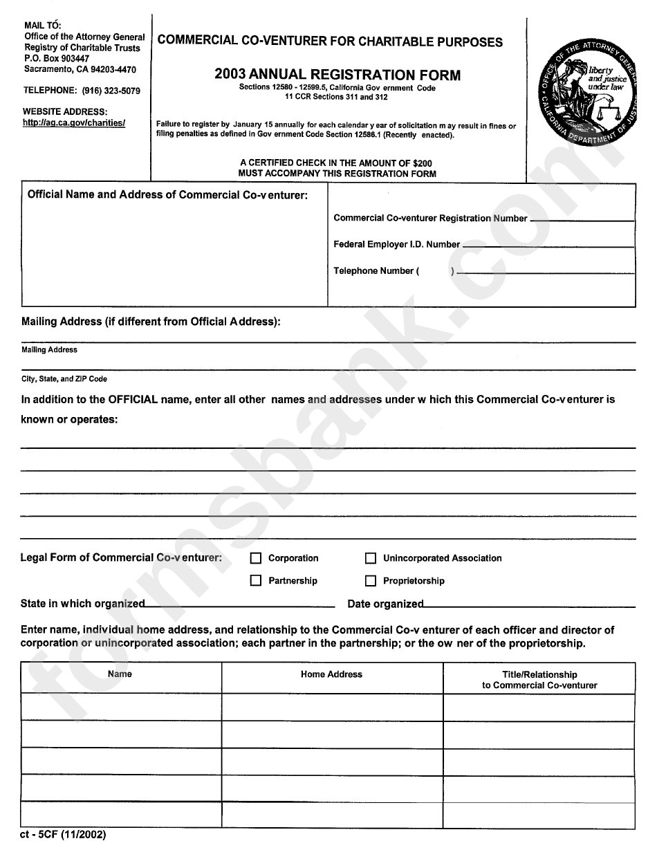 Form Ct-5cf - Commercial Co-Venturer For Charitable Purposes Annual Registration Form - 2003