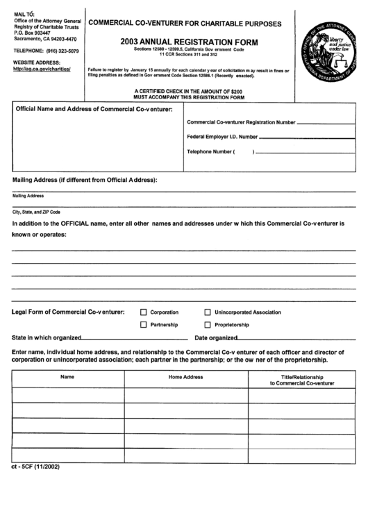 Form Ct-5cf - Commercial Co-Venturer For Charitable Purposes Annual Registration Form - 2003 Printable pdf