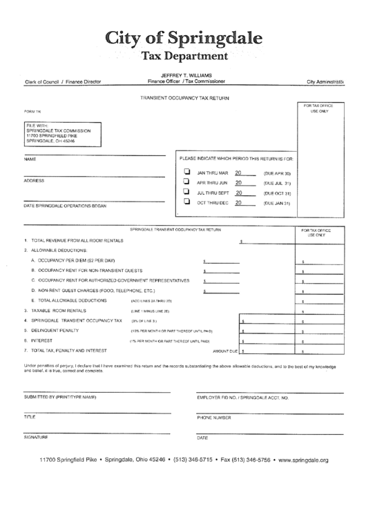 Transient Occupancy Tax Return - City Of Springdale Printable pdf