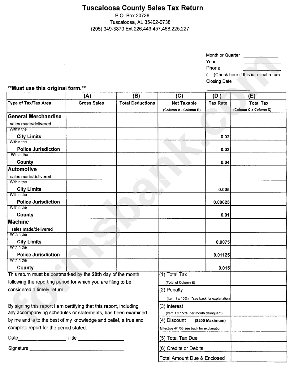 Tuscaloosa Country Sales Tax Return