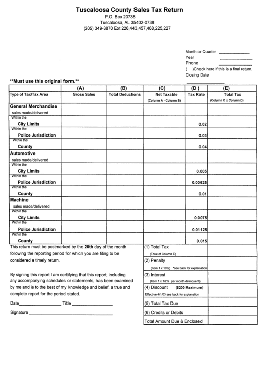 Tuscaloosa Country Sales Tax Return Printable pdf