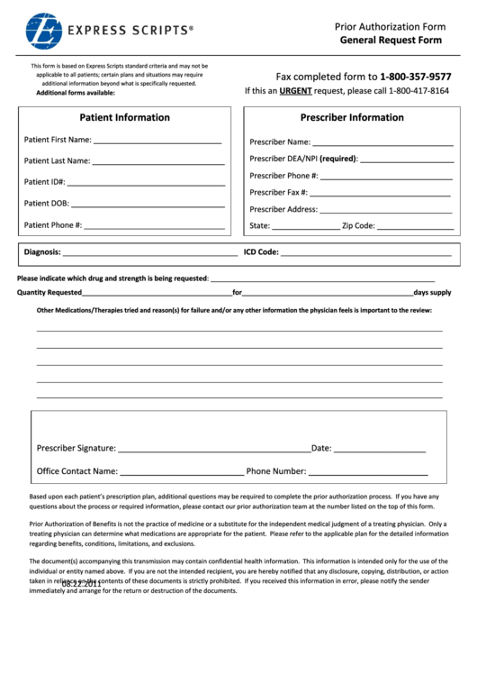 Prior Authorization Form General Request Form - Express Scripts Printable pdf