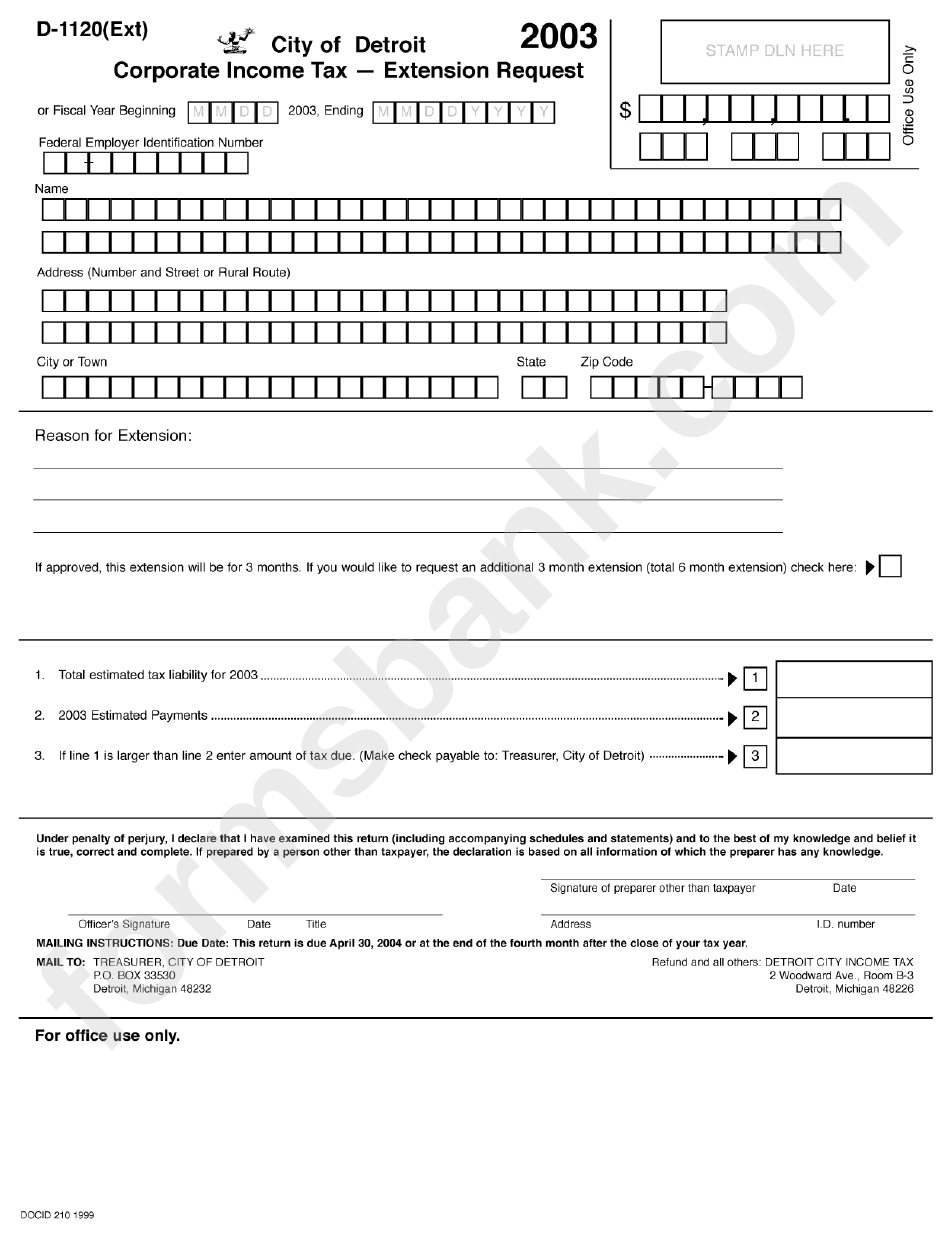 Form D-1120 - Corporate Income Tax - Extension Request - City Of Detroit - 2003