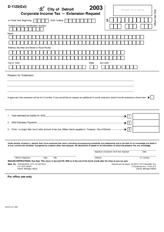 Form D-1120 - Corporate Income Tax - Extension Request - City Of Detroit - 2003 Printable pdf