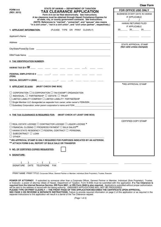 Form A-6 - Tax Clearance Application