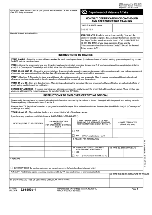 Fillable Monthly Certification Of On-The-Job And Apprenticeship Training Printable pdf