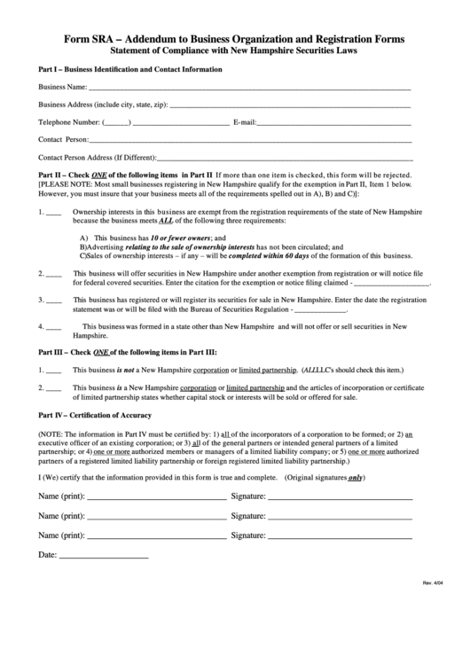Fillable Form Sra - Addendum To Business Organization And Registration Forms Statement Of Compliance With New Hampshire Securities Laws Printable pdf