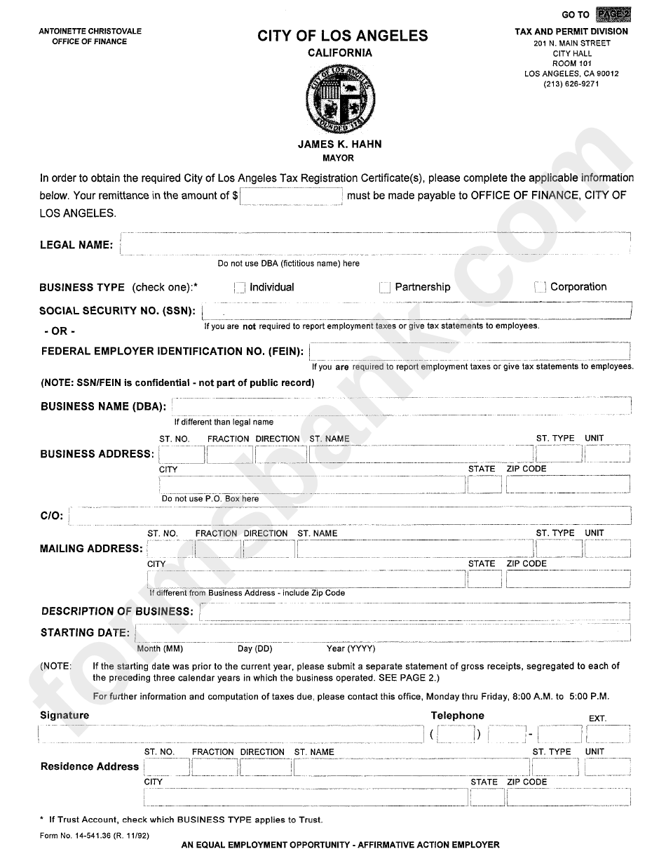 Form 14-541.36 - Application Information - City Of Los Angeles Tax And Permit Division