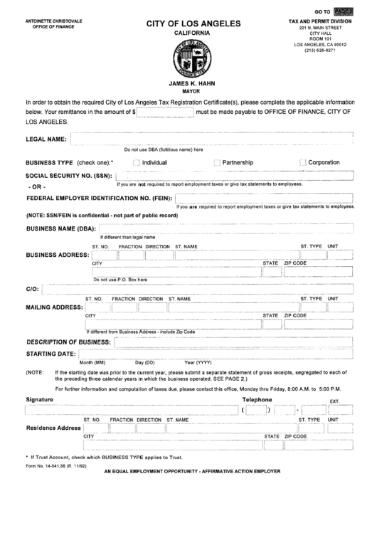 Form 14-541.36 - Application Information - City Of Los Angeles Tax And Permit Division Printable pdf