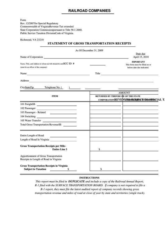 Form C.c.t.d. 12 - Statement Of Gross Transportation Receipts Printable pdf