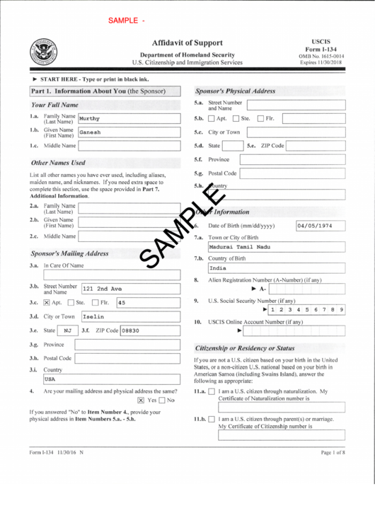 Form I-134 - U.s Citizenship Of Homeland Security Affifavit Of Support Printable pdf