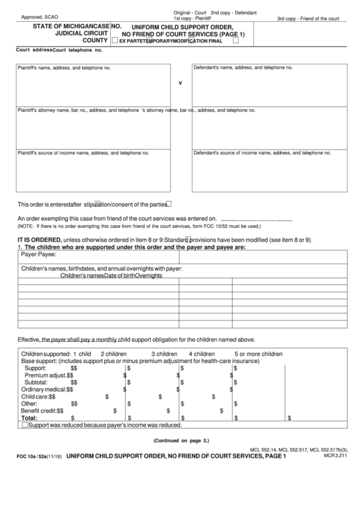 Fillable Form Foc 10a / 52a - Uniform Child Support Order - Michigan Judicial Circuit County Printable pdf
