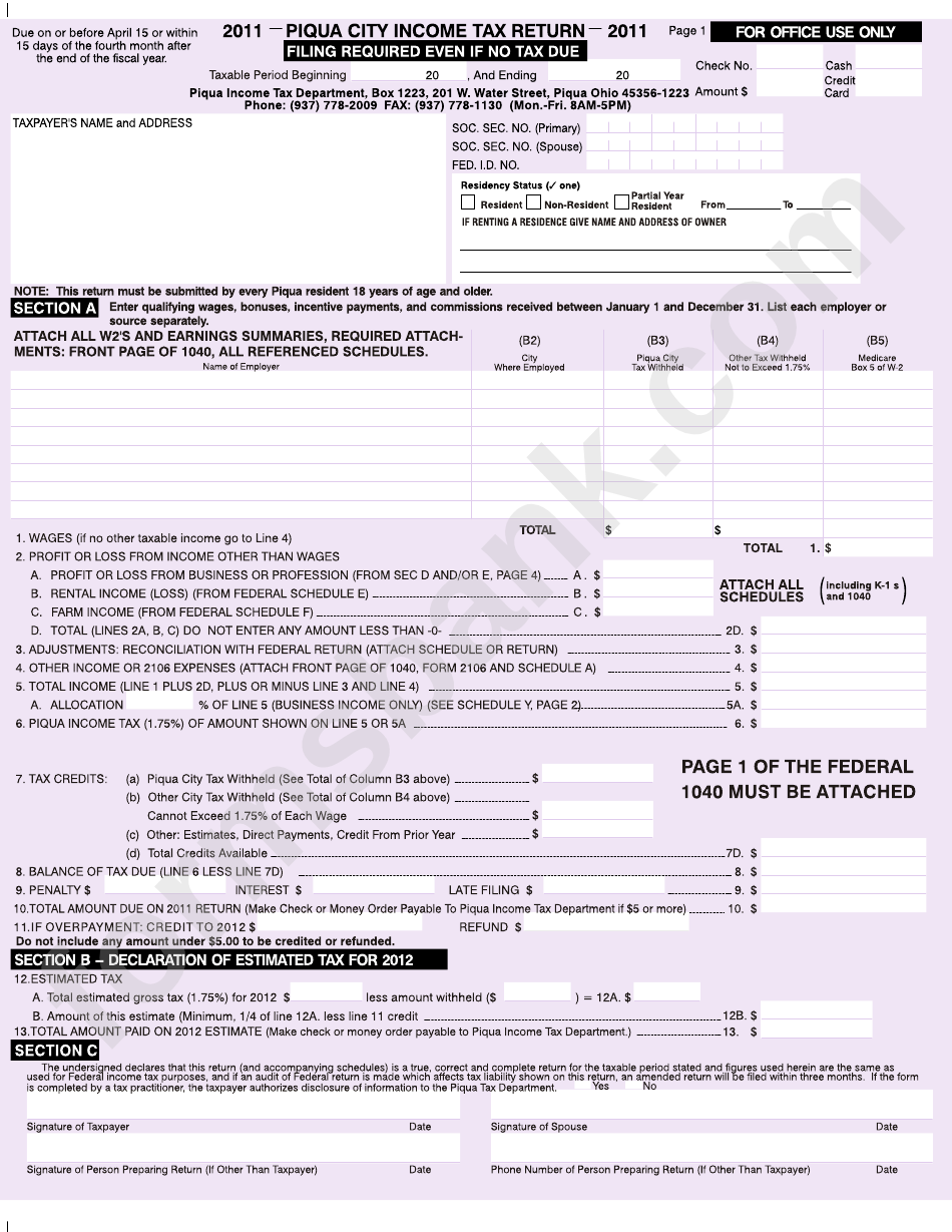 Piqua City Tax Return 2011 printable pdf download