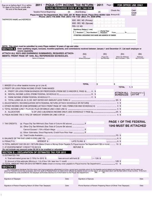 Piqua City Tax Return 2011 printable pdf download