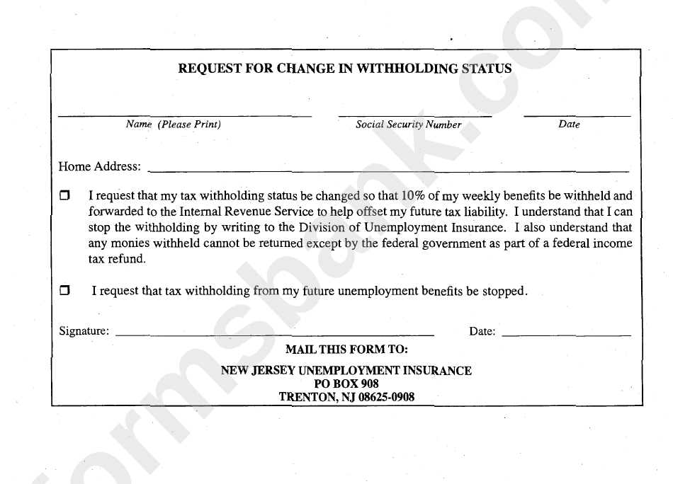 Request For Change In Withholding Status - New Jersey Unemployment Insurance