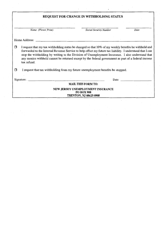 Request For Change In Withholding Status - New Jersey Unemployment Insurance Printable pdf