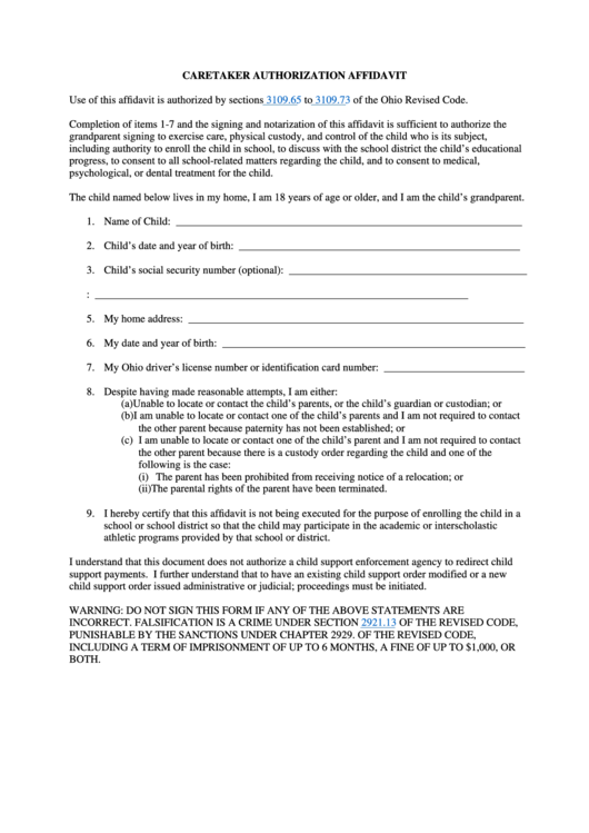 Fillable Caretaker Authorization Affidavit Printable pdf