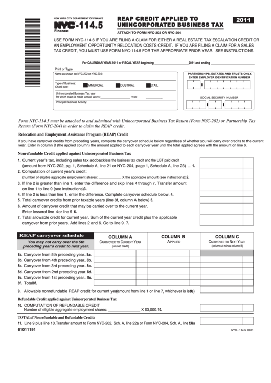 Form Nyc - 114.5 - Reap Credit Applied To Unincorporated Business Tax - 2011 Printable pdf