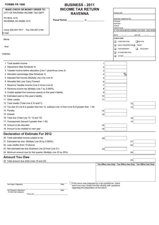 Forms Fr 1098 - Business Income Tax Return Ravenna - 2011 Printable pdf