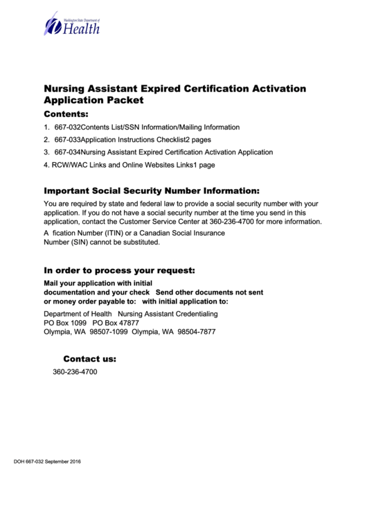 Form Doh 667-034 - Nursing Assistant Expired Certification Activation Application Printable pdf