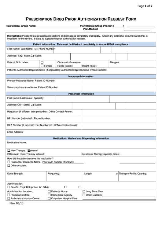 Fillable Prescription Drug Prior Authorization Request Form Printable pdf