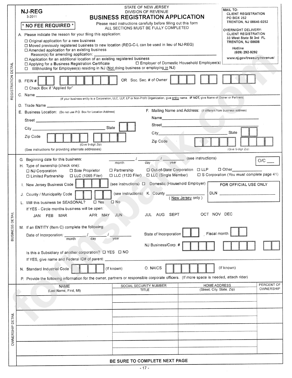 Form Nj-Reg - Business Registration Application
