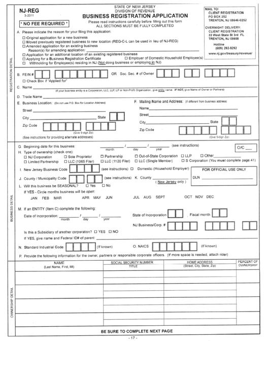 Form Nj-Reg - Business Registration Application Printable pdf