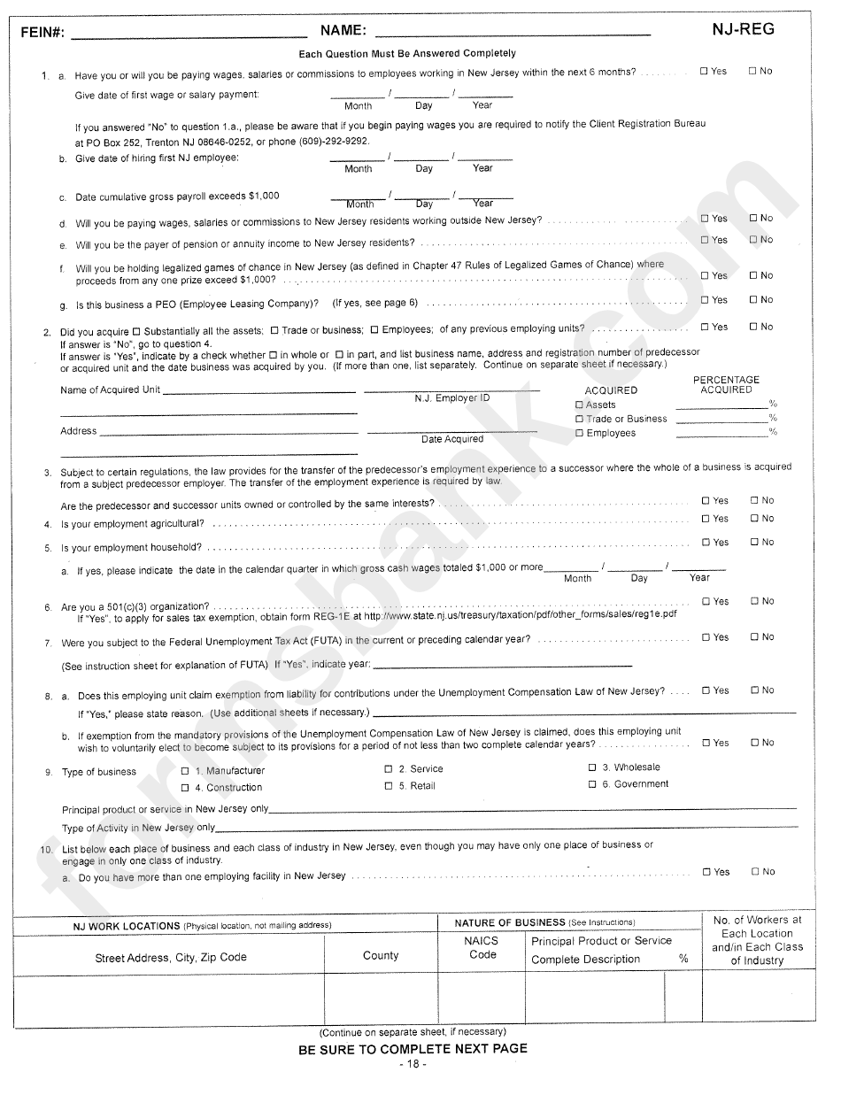 Form Nj-Reg - Business Registration Application