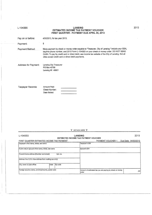 Form L-1040es - Lansing Estimated Income Tax Payment Voucher - 2013 Printable pdf