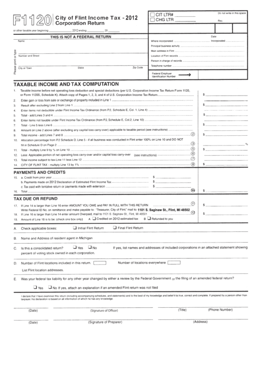 Form F1120 - City Of Flint Income Tax Corporation Return - 2012 Printable pdf