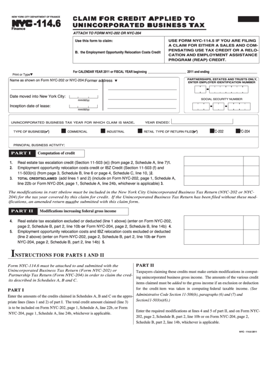 Form Nyc-114.6 - Claim For Credit Applied To Unincorporated Business Tax - 2011 Printable pdf